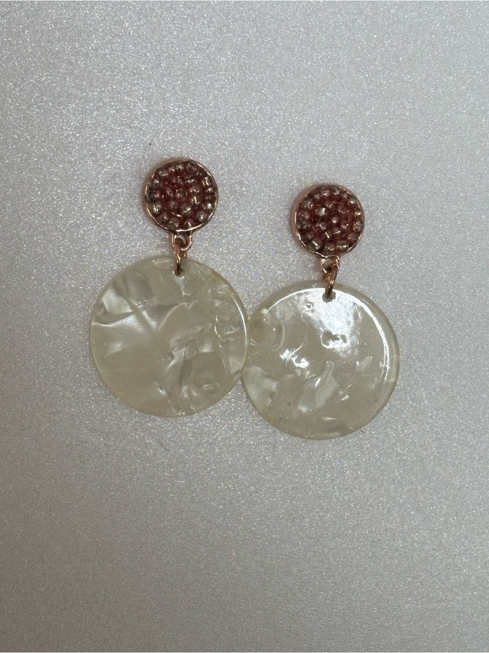 Iridescent Cream Disc Drop Earrings - Lightweight Women's Jewelry